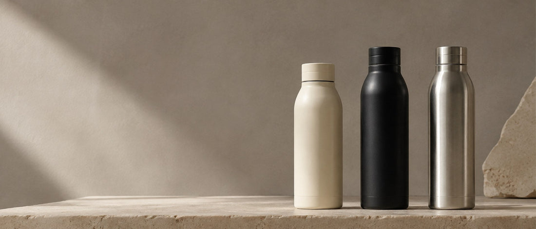 Three unbranded insulated bottles in cream, matte black and brushed steel on a pale stone ledge