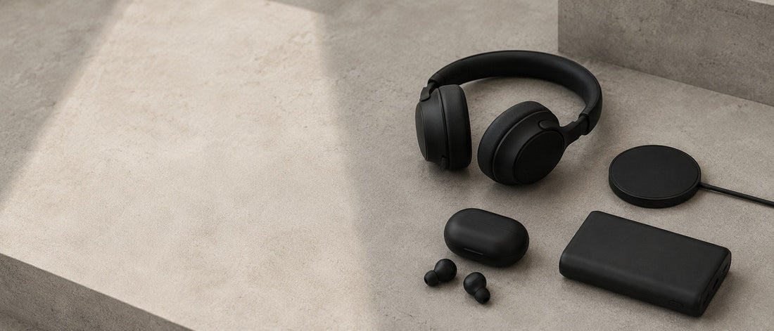 Matte black headphones, earbuds, charging puck and power bank laid out on pale grey stone