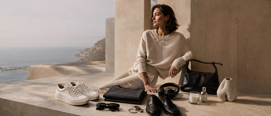 A woman sitting on a stone ledge above the sea beside white sneakers, a folded sweatshirt, black loafers, headphones, a leather shoulder bag, a candle and a ceramic vase