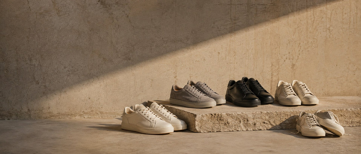 Unbranded leather and suede sneakers arranged on a stone plinth in raking daylight against a concrete wall
