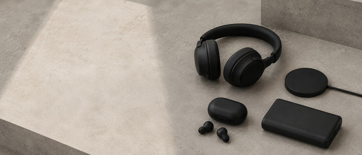 Matte black headphones, earbuds, charging puck and power bank laid out on pale grey stone