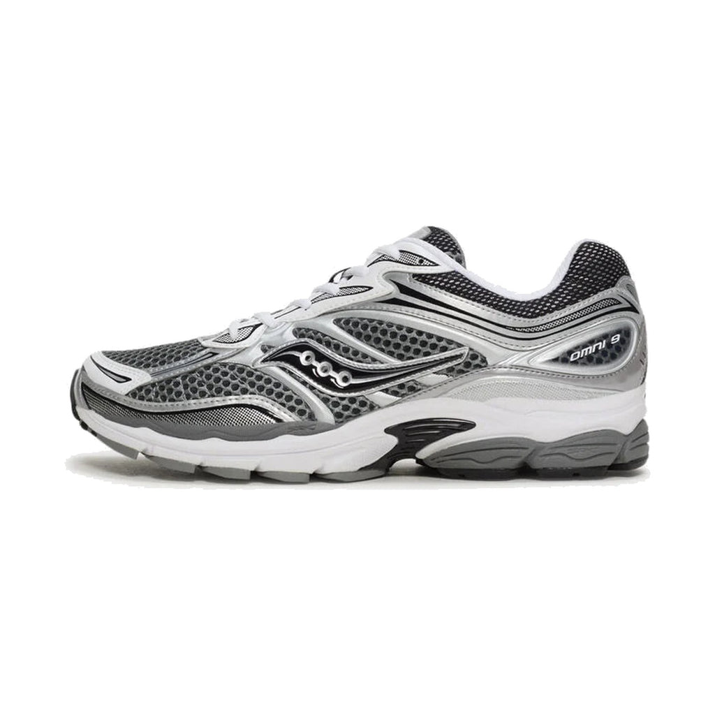 Saucony ProGrid Omni 9 in grey and silver, side profile