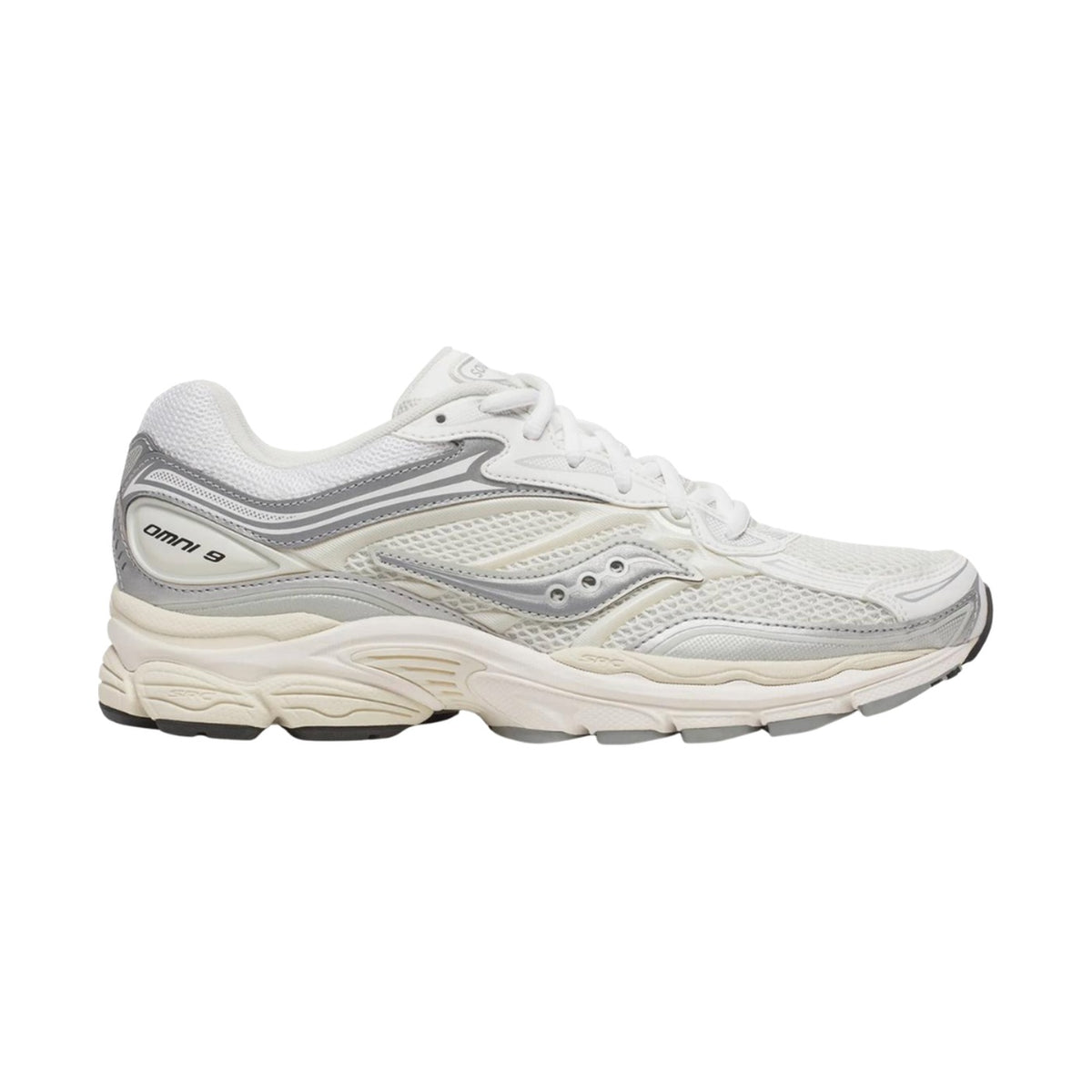 Saucony ProGrid Omni 9 trainers in ivory and silver