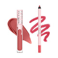 Ultra Matte Lip in Kristen, liquid lipstick tube and matching lip liner pencil with product swatches on white