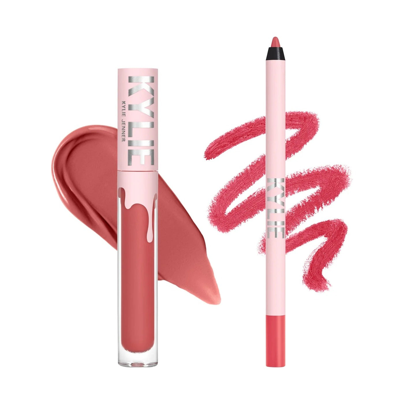 Ultra Matte Lip in Kristen, liquid lipstick tube and matching lip liner pencil with product swatches on white