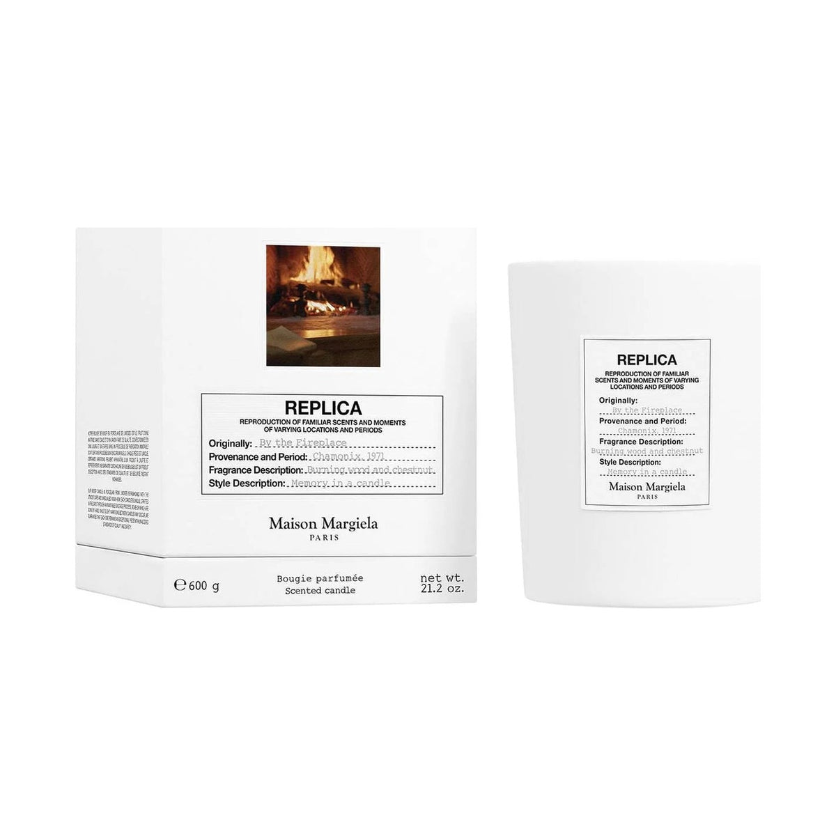 Maison Margiela Replica By the Fireplace scented candle beside its printed outer box on white