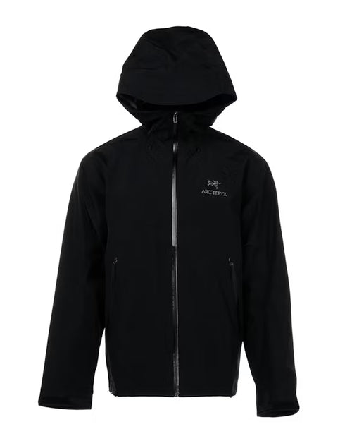 Arc'teryx Beta LT Jacket Black, front flat lay with hood up