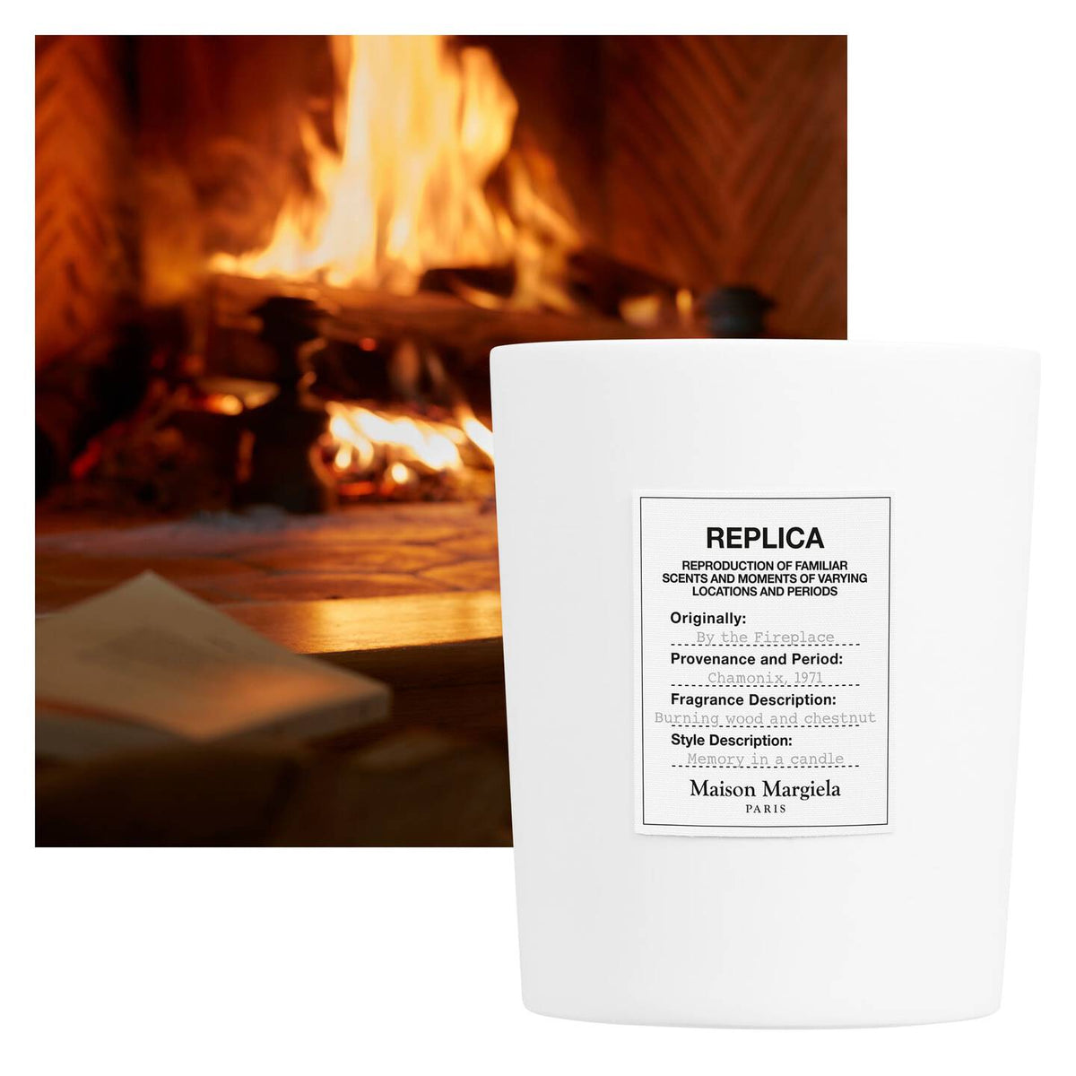 Maison Margiela Replica By the Fireplace candle styled in front of a lit fireplace