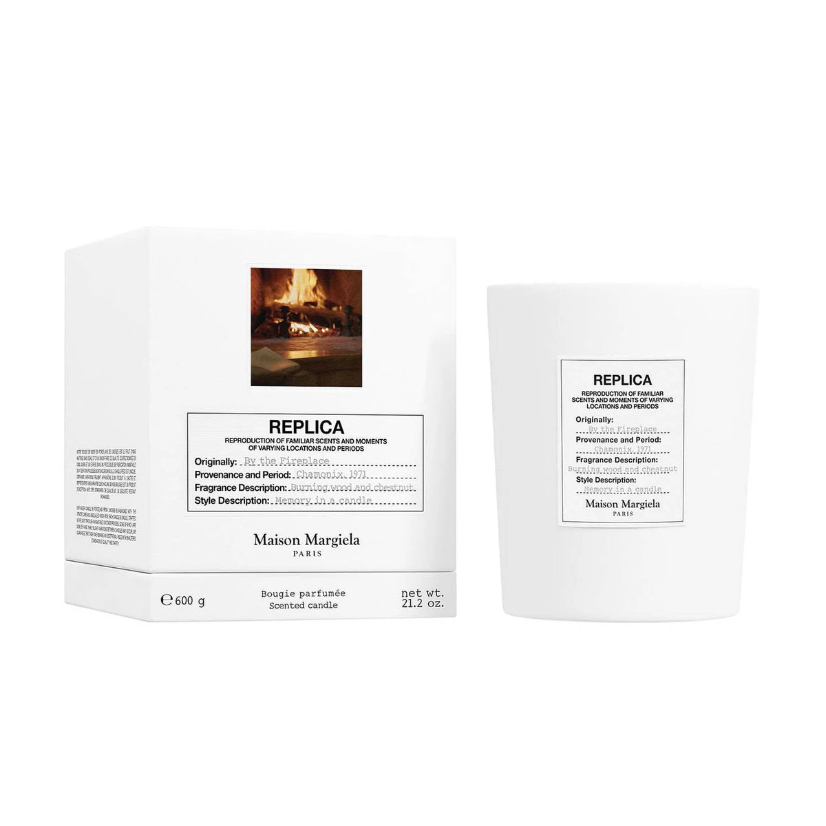 Maison Margiela Replica By the Fireplace candle beside its outer box packaging